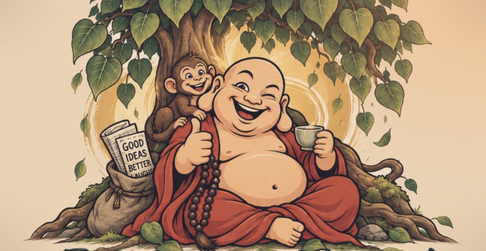 Wirephoto: The correspondent at his desk under the Bodhi tree. He has not once filed on time.