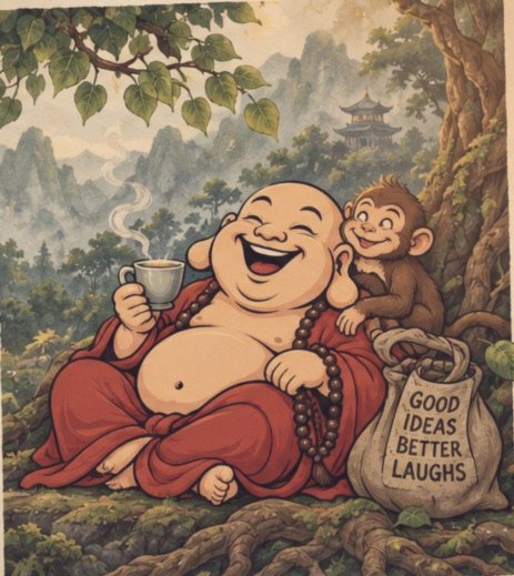 Wirephoto of the Laughing Buddha laughing with a cup of tea beside the monkey